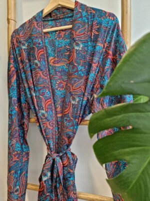 Couple Set Silk Boho Kimonos Man Woman House Beach Artist Robe His and Hers/ His and His Ocean Royal Teal Orange Paisley Wine Pink Purple - Image 5
