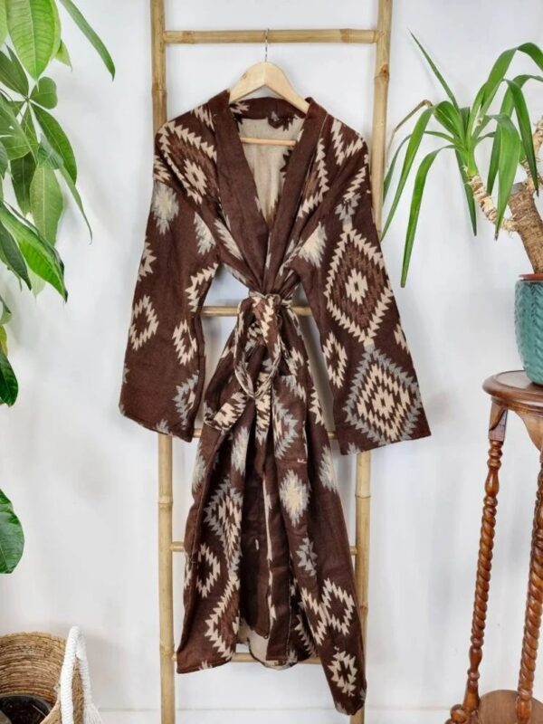 Unisex Yak Wool Blend Floral Kimono/Robe | Regal Urban Chocolate Brown Beige Geometric Diamonds Aztec Print | Winter Christmas Cosy Vibe