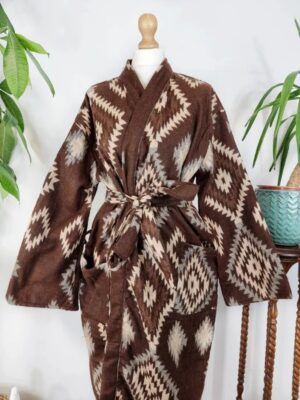 Unisex Yak Wool Blend Floral Kimono/Robe | Regal Urban Chocolate Brown Beige Geometric Diamonds Aztec Print | Winter Christmas Cosy Vibe - Image 2