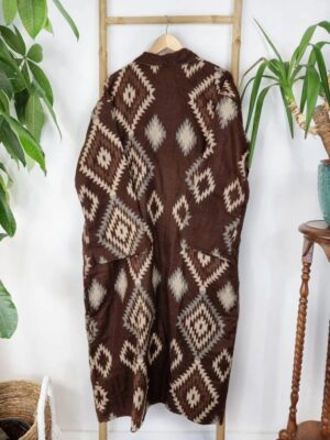 Unisex Yak Wool Blend Floral Kimono/Robe | Regal Urban Chocolate Brown Beige Geometric Diamonds Aztec Print | Winter Christmas Cosy Vibe - Image 3
