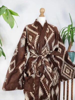 Unisex Yak Wool Blend Floral Kimono/Robe | Regal Urban Chocolate Brown Beige Geometric Diamonds Aztec Print | Winter Christmas Cosy Vibe - Image 4
