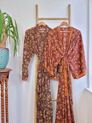 Couple Set Silk Boho Kimonos Man Woman House Beach Artist Robe His and Hers/ His and His | Royal Wine Marsala Ruby Red Winter Lovers Gift - Image 5