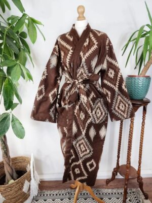 Unisex Yak Wool Blend Floral Kimono/Robe | Regal Urban Chocolate Brown Beige Geometric Diamonds Aztec Print | Winter Christmas Cosy Vibe - Image 5