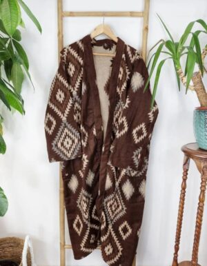 Unisex Yak Wool Blend Floral Kimono/Robe | Regal Urban Chocolate Brown Beige Geometric Diamonds Aztec Print | Winter Christmas Cosy Vibe - Image 6