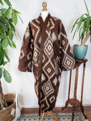 Unisex Yak Wool Blend Floral Kimono/Robe | Regal Urban Chocolate Brown Beige Geometric Diamonds Aztec Print | Winter Christmas Cosy Vibe - Image 7