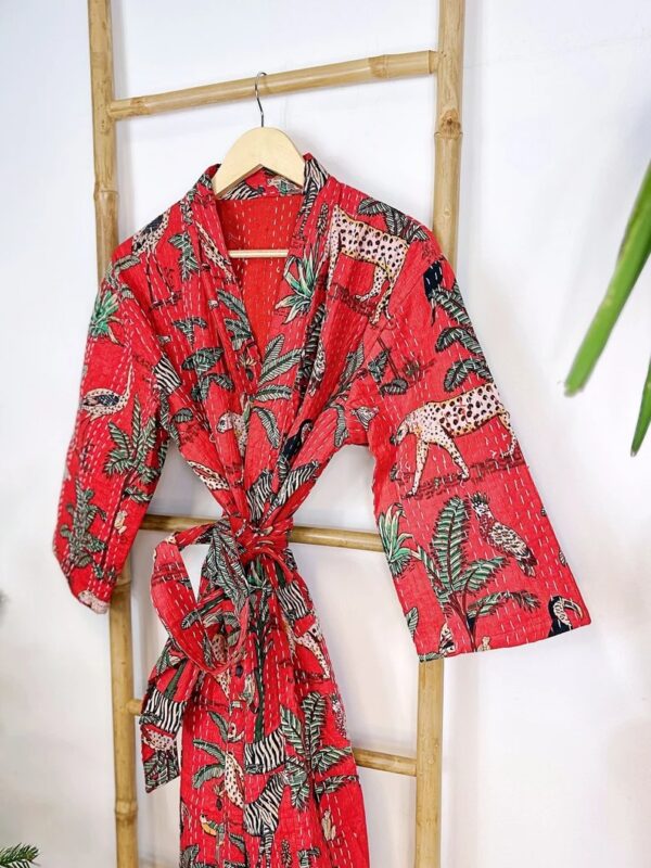 Kantha Cotton Reversible Kimono Long Length Jacket Unisex Robe Handmade Sustainable Eco-fashion Regal Christmas Red Animal Jungle Safari