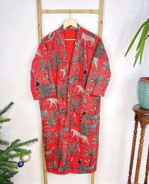 Kantha Cotton Reversible Kimono Long Length Jacket Unisex Robe Handmade Sustainable Eco-fashion Regal Christmas Red Animal Jungle Safari - Image 2