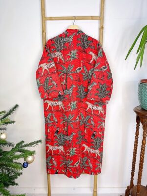 Kantha Cotton Reversible Kimono Long Length Jacket Unisex Robe Handmade Sustainable Eco-fashion Regal Christmas Red Animal Jungle Safari - Image 3