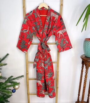 Kantha Cotton Reversible Kimono Long Length Jacket Unisex Robe Handmade Sustainable Eco-fashion Regal Christmas Red Animal Jungle Safari - Image 4