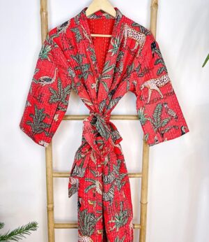 Kantha Cotton Reversible Kimono Long Length Jacket Unisex Robe Handmade Sustainable Eco-fashion Regal Christmas Red Animal Jungle Safari - Image 5