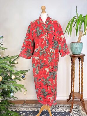 Kantha Cotton Reversible Kimono Long Length Jacket Unisex Robe Handmade Sustainable Eco-fashion Regal Christmas Red Animal Jungle Safari - Image 6