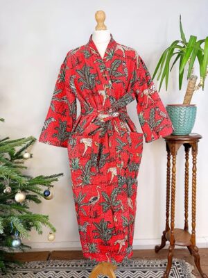 Kantha Cotton Reversible Kimono Long Length Jacket Unisex Robe Handmade Sustainable Eco-fashion Regal Christmas Red Animal Jungle Safari - Image 7