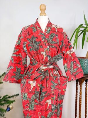 Kantha Cotton Reversible Kimono Long Length Jacket Unisex Robe Handmade Sustainable Eco-fashion Regal Christmas Red Animal Jungle Safari - Image 8
