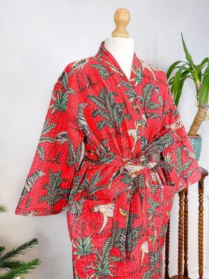 Kantha Cotton Reversible Kimono Long Length Jacket Unisex Robe Handmade Sustainable Eco-fashion Regal Christmas Red Animal Jungle Safari - Image 9