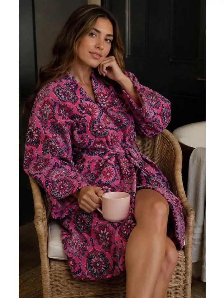 Luxury Velvet House Knee Short Robe Unisex Kimono Boho Jacket Reversible Art Silk Quirky Winter Gift Pink Blue Red Love Mandala Geometric