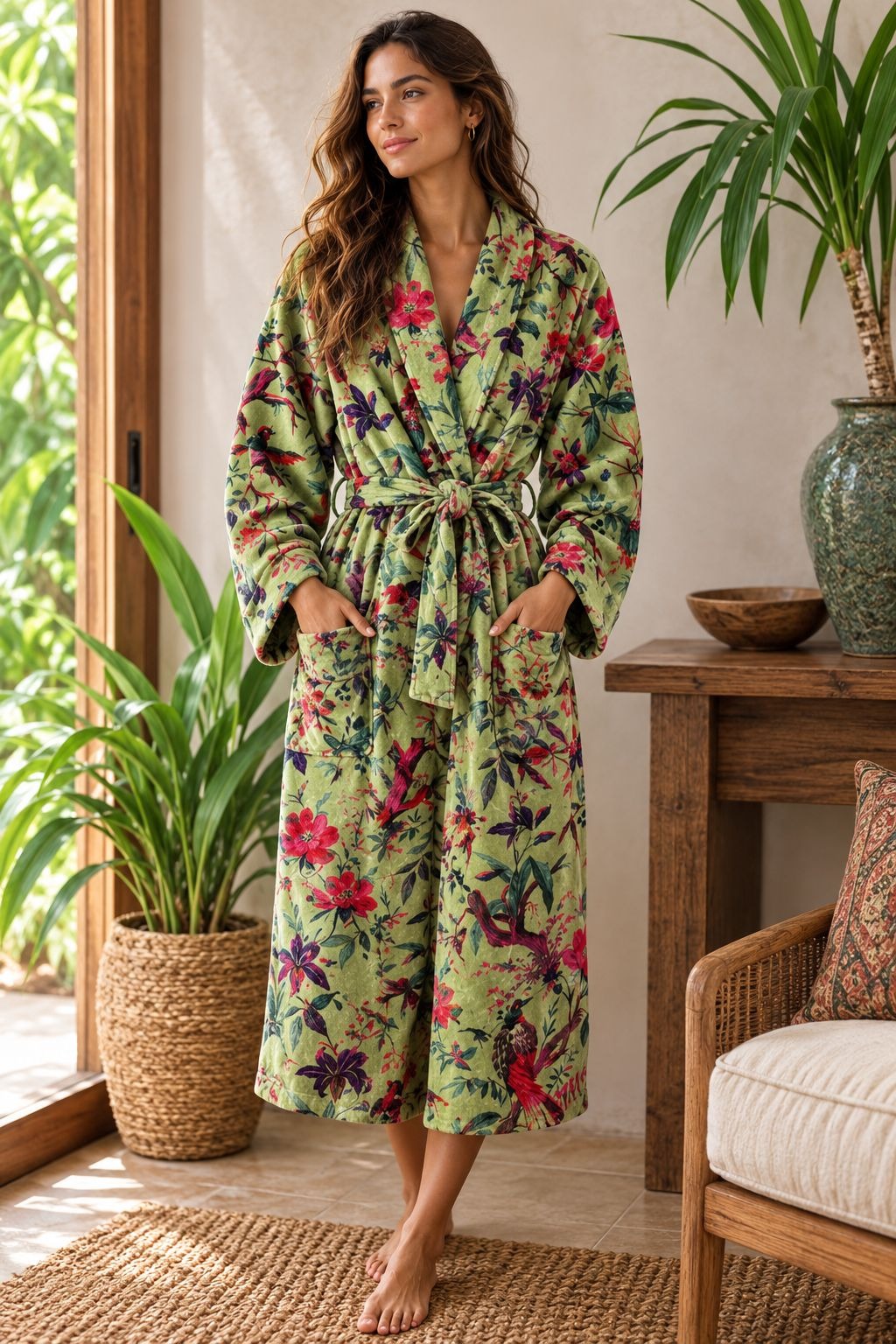 Luxury Velvet House Robe Unisex Kimono Boho Jacket Indian Silk Lined Quirky Winter Warm Dark Pistachio Green Exotic Bird | Lover Warm Gift