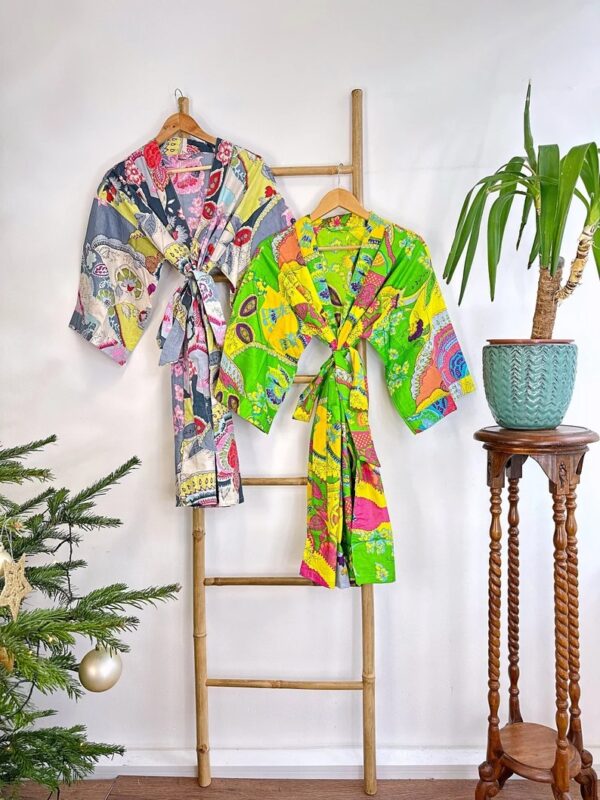 Pure Cotton Handprinted Short House Robe Summer Kimono | Floral Beach Quirky Spring Pastel Grey Quirky Green Boho Oriental Abstract Festival