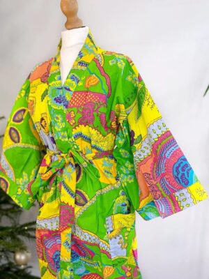 Pure Cotton Handprinted Short House Robe Summer Kimono | Floral Beach Quirky Spring Pastel Grey Quirky Green Boho Oriental Abstract Festival - Image 2