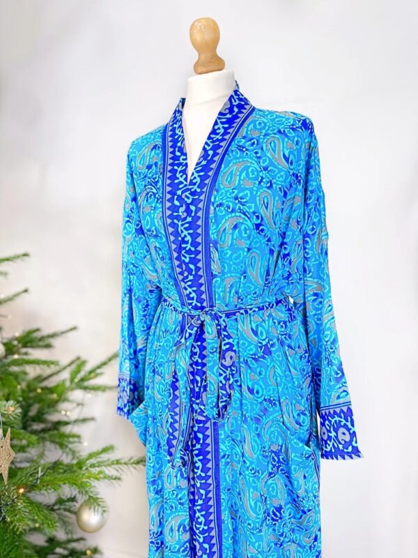 New Silk Sari Boho Kimono Regal House Robe - Luxury Lounge Digital Flowy Gown | Bright Ocean Blue Paisley Duster Beach