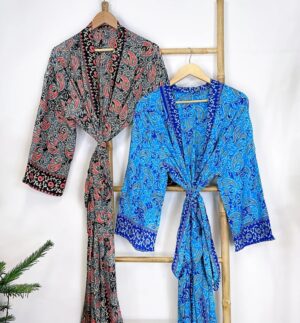 New Silk Sari Boho Kimono Regal House Robe - Luxury Lounge Digital Flowy Gown | Bright Ocean Blue Paisley Duster Beach - Image 2