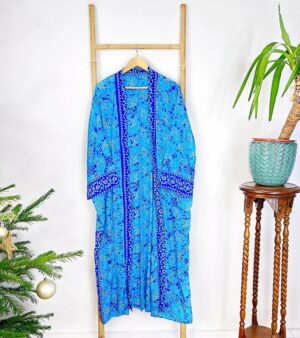 New Silk Sari Boho Kimono Regal House Robe - Luxury Lounge Digital Flowy Gown | Bright Ocean Blue Paisley Duster Beach - Image 3