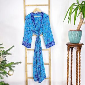 New Silk Sari Boho Kimono Regal House Robe - Luxury Lounge Digital Flowy Gown | Bright Ocean Blue Paisley Duster Beach - Image 5