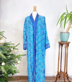 New Silk Sari Boho Kimono Regal House Robe - Luxury Lounge Digital Flowy Gown | Bright Ocean Blue Paisley Duster Beach - Image 6