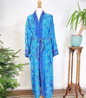 New Silk Sari Boho Kimono Regal House Robe - Luxury Lounge Digital Flowy Gown | Bright Ocean Blue Paisley Duster Beach - Image 7