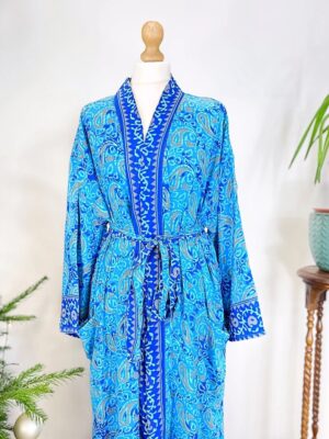 New Silk Sari Boho Kimono Regal House Robe - Luxury Lounge Digital Flowy Gown | Bright Ocean Blue Paisley Duster Beach - Image 8