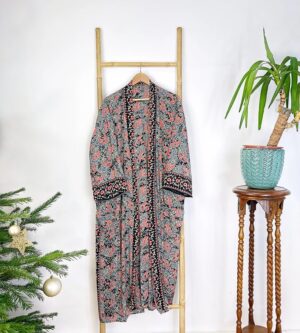 New Silk Sari Boho Kimono Regal House Robe Luxury Lounge Digital Flowy Gown Midnight Black Grey Pink Paisley Seductress Duster Beach Coverup - Image 2