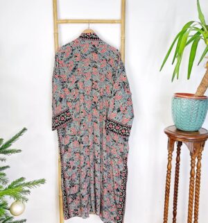 New Silk Sari Boho Kimono Regal House Robe Luxury Lounge Digital Flowy Gown Midnight Black Grey Pink Paisley Seductress Duster Beach Coverup - Image 3