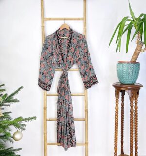 New Silk Sari Boho Kimono Regal House Robe Luxury Lounge Digital Flowy Gown Midnight Black Grey Pink Paisley Seductress Duster Beach Coverup - Image 4
