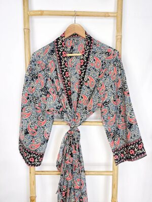 New Silk Sari Boho Kimono Regal House Robe Luxury Lounge Digital Flowy Gown Midnight Black Grey Pink Paisley Seductress Duster Beach Coverup - Image 5