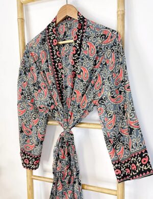 New Silk Sari Boho Kimono Regal House Robe Luxury Lounge Digital Flowy Gown Midnight Black Grey Pink Paisley Seductress Duster Beach Coverup - Image 6