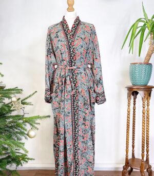 New Silk Sari Boho Kimono Regal House Robe Luxury Lounge Digital Flowy Gown Midnight Black Grey Pink Paisley Seductress Duster Beach Coverup - Image 8