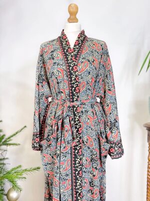 New Silk Sari Boho Kimono Regal House Robe Luxury Lounge Digital Flowy Gown Midnight Black Grey Pink Paisley Seductress Duster Beach Coverup - Image 9