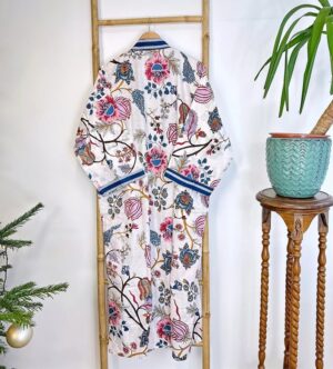 Pure Cotton Handprinted House Robe Summer Kimono | Beach Duster Coverup/Comfy Maternity New Mom | White Blue Pink Tropical Lover Mood Stripe - Image 4