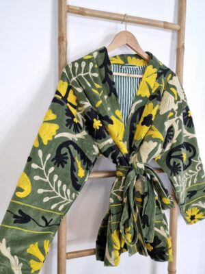 Velvet Suzani ArtisanHand Embroidered Short Jacket | Autumn Winter Boho Gypsy | Luxury Special Gift | Olive Green Black Yellow Cream Bloom - Image 10