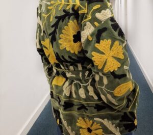 Velvet Suzani ArtisanHand Embroidered Short Jacket | Autumn Winter Boho Gypsy | Luxury Special Gift | Olive Green Black Yellow Cream Bloom - Image 2