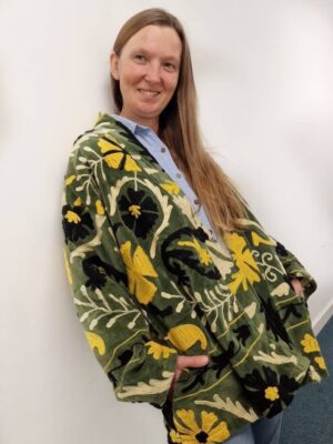 Velvet Suzani ArtisanHand Embroidered Short Jacket | Autumn Winter Boho Gypsy | Luxury Special Gift | Olive Green Black Yellow Cream Bloom - Image 4