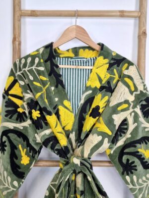 Velvet Suzani ArtisanHand Embroidered Short Jacket | Autumn Winter Boho Gypsy | Luxury Special Gift | Olive Green Black Yellow Cream Bloom - Image 5