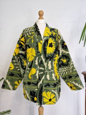Velvet Suzani ArtisanHand Embroidered Short Jacket | Autumn Winter Boho Gypsy | Luxury Special Gift | Olive Green Black Yellow Cream Bloom - Image 6