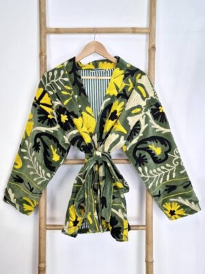 Velvet Suzani ArtisanHand Embroidered Short Jacket | Autumn Winter Boho Gypsy | Luxury Special Gift | Olive Green Black Yellow Cream Bloom - Image 7
