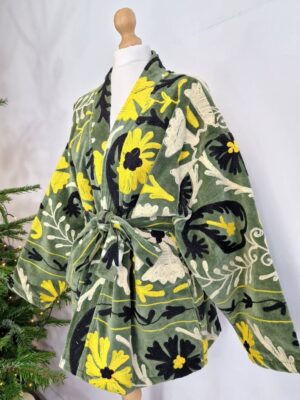 Velvet Suzani ArtisanHand Embroidered Short Jacket | Autumn Winter Boho Gypsy | Luxury Special Gift | Olive Green Black Yellow Cream Bloom - Image 8