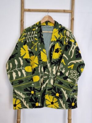 Velvet Suzani ArtisanHand Embroidered Short Jacket | Autumn Winter Boho Gypsy | Luxury Special Gift | Olive Green Black Yellow Cream Bloom - Image 9