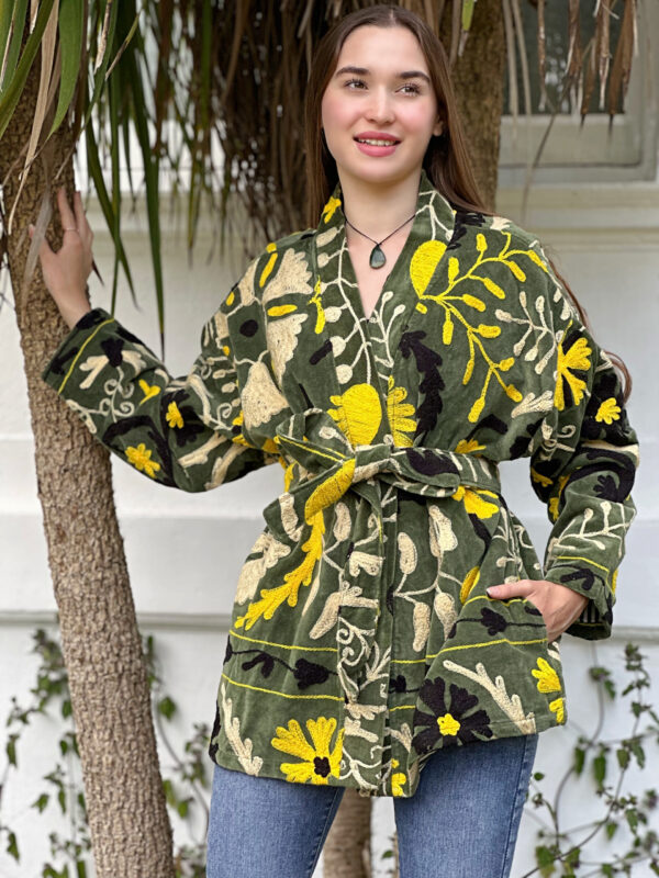 Velvet Suzani ArtisanHand Embroidered Short Jacket | Autumn Winter Boho Gypsy | Luxury Special Gift | Olive Green Black Yellow Cream Bloom