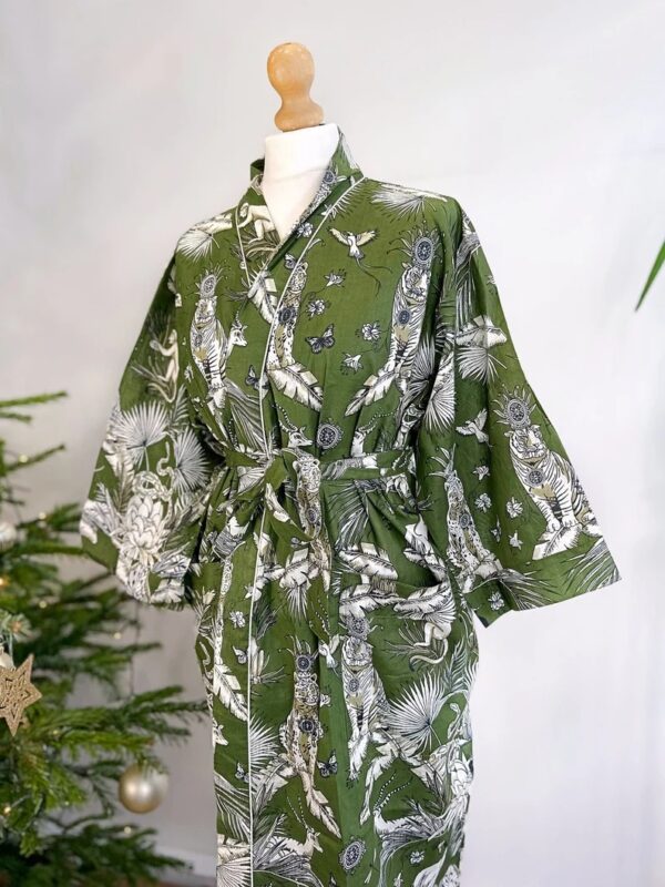 Pure Cotton Handprinted House Robe Summer Kimono Floral Beach Coverup Nature Goddess Forest Dark Olive Green Animal Totem Tiger Monkey Deer