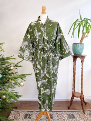 Pure Cotton Handprinted House Robe Summer Kimono Floral Beach Coverup Nature Goddess Forest Dark Olive Green Animal Totem Tiger Monkey Deer - Image 2
