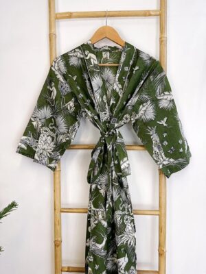 Pure Cotton Handprinted House Robe Summer Kimono Floral Beach Coverup Nature Goddess Forest Dark Olive Green Animal Totem Tiger Monkey Deer - Image 3