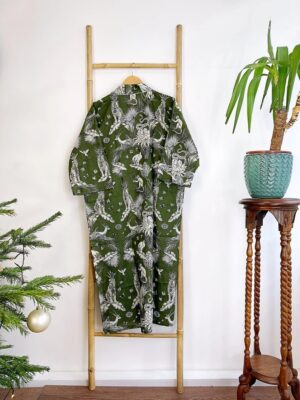 Pure Cotton Handprinted House Robe Summer Kimono Floral Beach Coverup Nature Goddess Forest Dark Olive Green Animal Totem Tiger Monkey Deer - Image 4